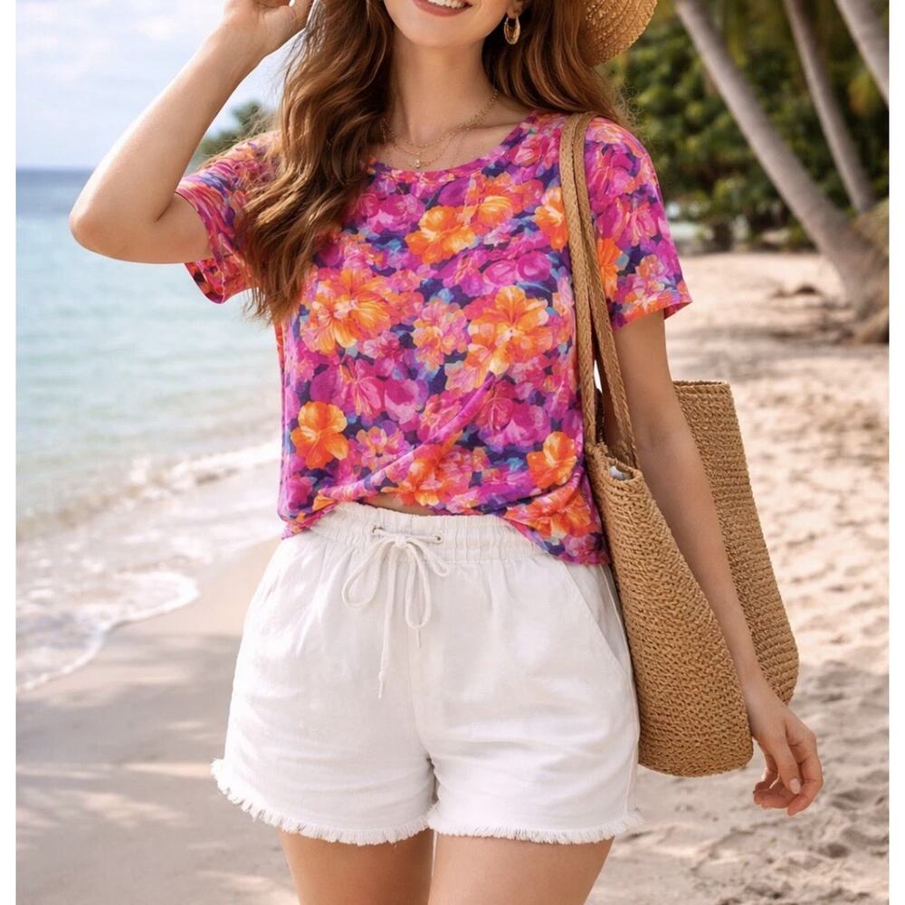 Vintage 90s TESS Short Sleeve Silk Blouse Dressy Colorful Floral Top Size Medium